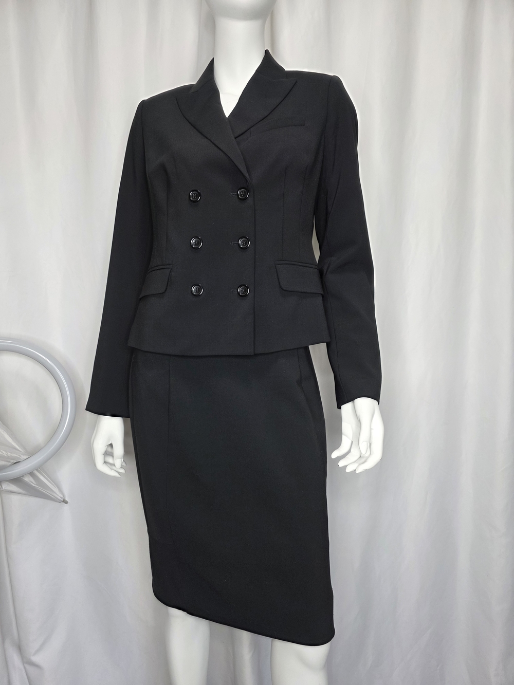Body By Victoria Classic Double-Breasted Black Skirt Suit